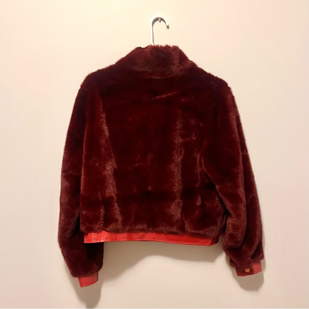 🎉🎉Red Contrast Trim Faux Croc Leather & Faux Fur Snap Button Front Zipper Moto - Picture 14 of 17